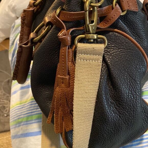 Margot leather navy and brown satchel w/ hand straps and cross body canvas strap - Picture 4 of 6